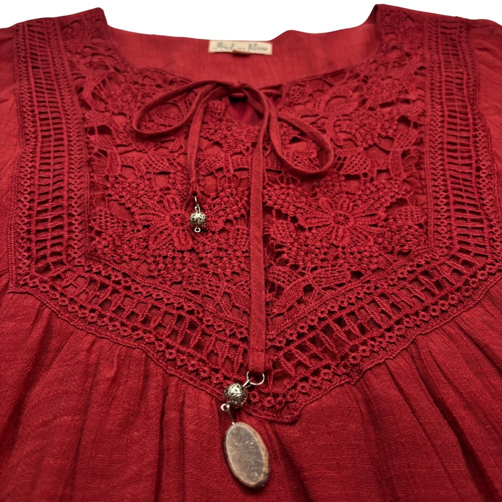 Indigo Rose Womens XL Tunic Red Crochet Lace V-Neck Boho 3/4 Sleeve Blouse